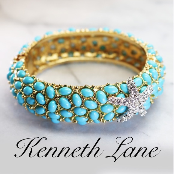 ⚜️ Vintage Kenneth Jay Lane Crystal Starfish Turquoise Cabochon Bracelet - Picture 8 of 16